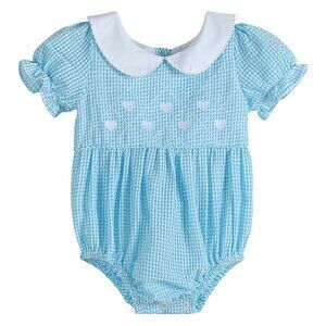 Lil Cactus Baby Girl Turquoise Gingham Hearts Collared Romper NEW